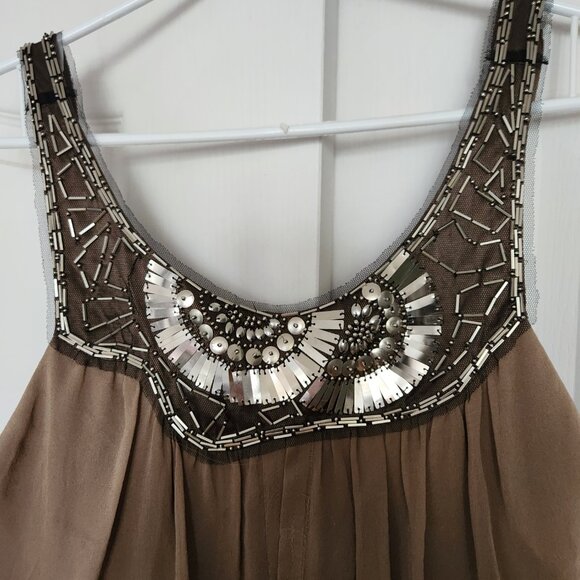 BCBG Max Azria Floor Length Brown Gown with Unique Beaded Neckline, Size 10 - Picture 3 of 7